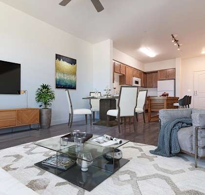 a living room with a couch and a table